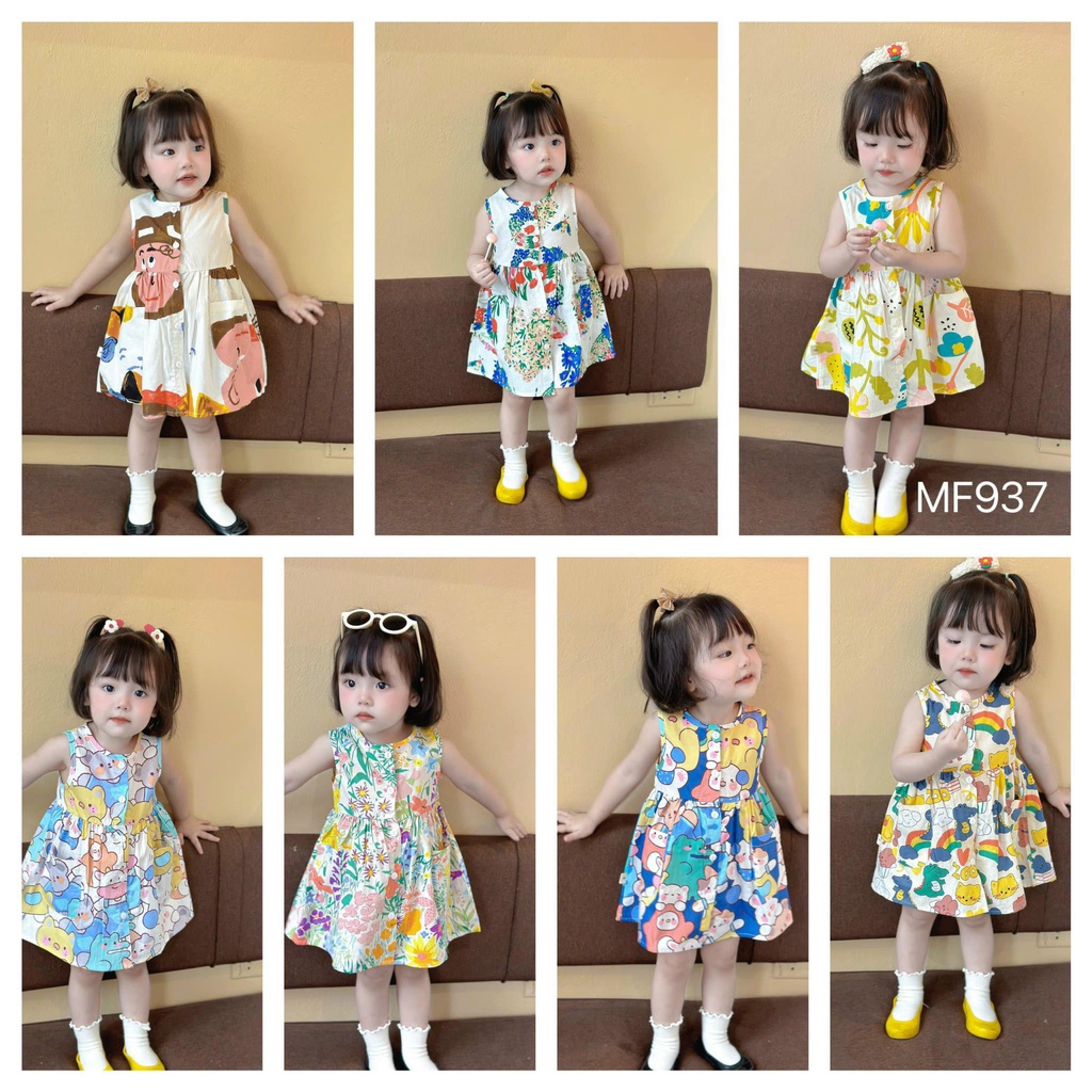 Váy thô cổ tròn họa tiết hoạt hình cho bé diện hè, đi học, đi chơi size 8-18kg