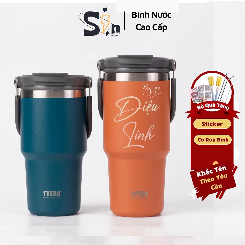 Ly giữ nhiệt cao cấp Tyeso V2 900ml cốc nước giữ nhiệt thể thao bình có ống hút, cọ rửa, sticker trang trí