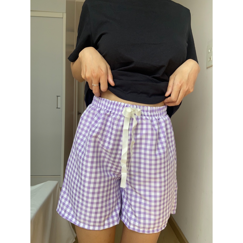 Quần đùi short caro tím vải ford dày dạn dễ thương form rộng thoải mái đi chơi, mặc ở nhà ngủ