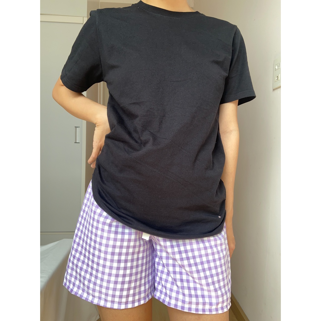Quần đùi short caro tím vải ford dày dạn dễ thương form rộng thoải mái đi chơi, mặc ở nhà ngủ