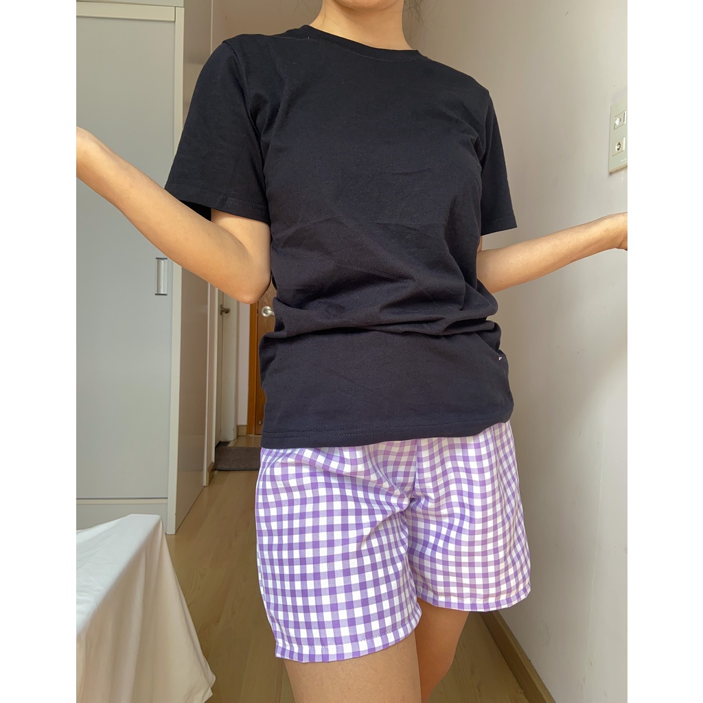 Quần đùi short caro tím vải ford dày dạn dễ thương form rộng thoải mái đi chơi, mặc ở nhà ngủ
