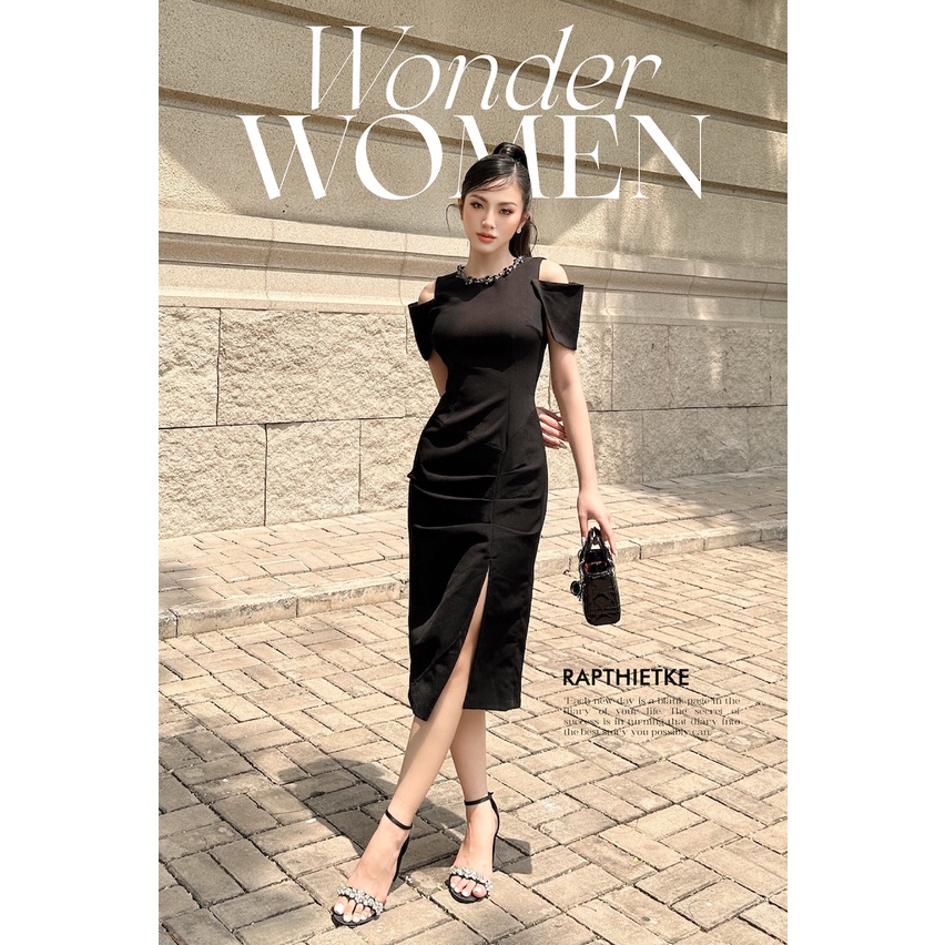 RẬP - Đầm Đen Cổ Tròn Đính Đá Tay Lỡ Hở Vai  Xẻ Tà - LOVIE 07