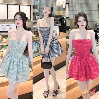 Đầm váy nữ cúp ngực dáng xòe xếp li nhúm eo kẻ sọc phong cách trẻ trung đáng yêu hàng thiết kế cao cấp
