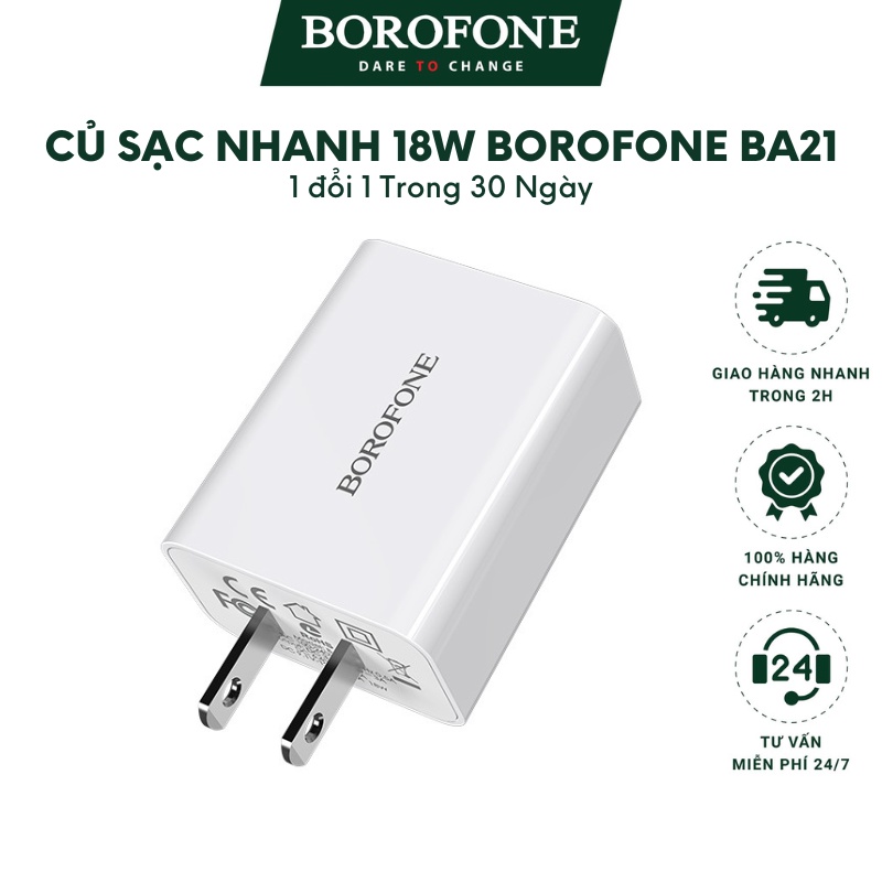 Củ sạc nhanh 18w BOROFONE  BA21,cốc sạc 1 cổng cắm usb, bộ sac điện thoại xạc nhanh không nóng máy an toàn sử dụng