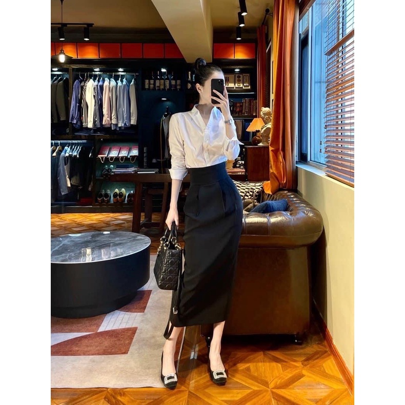 Chân Váy Bút Chì Bom Hàn Quốc Xẻ Sau Dài 70cm Có Túi Chéo 2 Bên