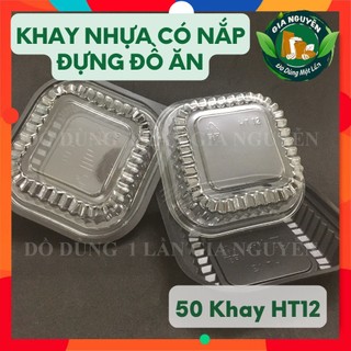 Combo 50 khay nhựa đế đen kèm nắp ht12 dùng để đựng thực phẩm, sushi, lẩu, xôi, bánh bao,...