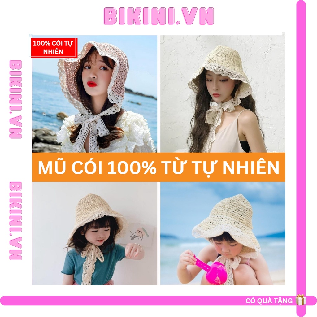 Mũ nón cói nữ đi biển VÀNH REN rộng thời trang cao cấp tiểu thư có dây buộc - BIKINI.VN