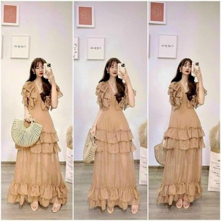 M314 - đầm maxi voan tầng cổ v phối bèo