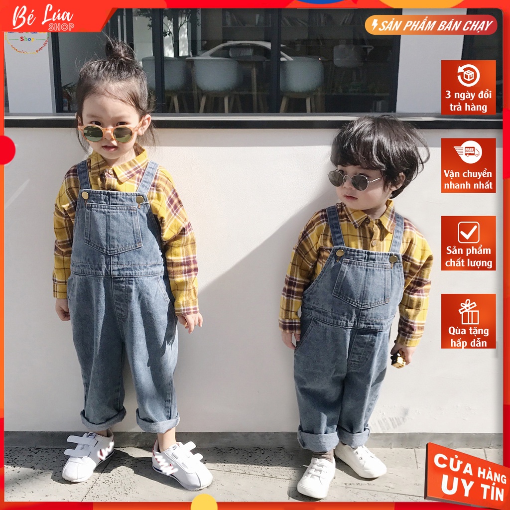 Yếm jean cao cấp dáng dài cho bé trai bé gái phong cách Hàn Quốc yếm bò cho bé đi học đi chơi cho bé từ 8-25kg