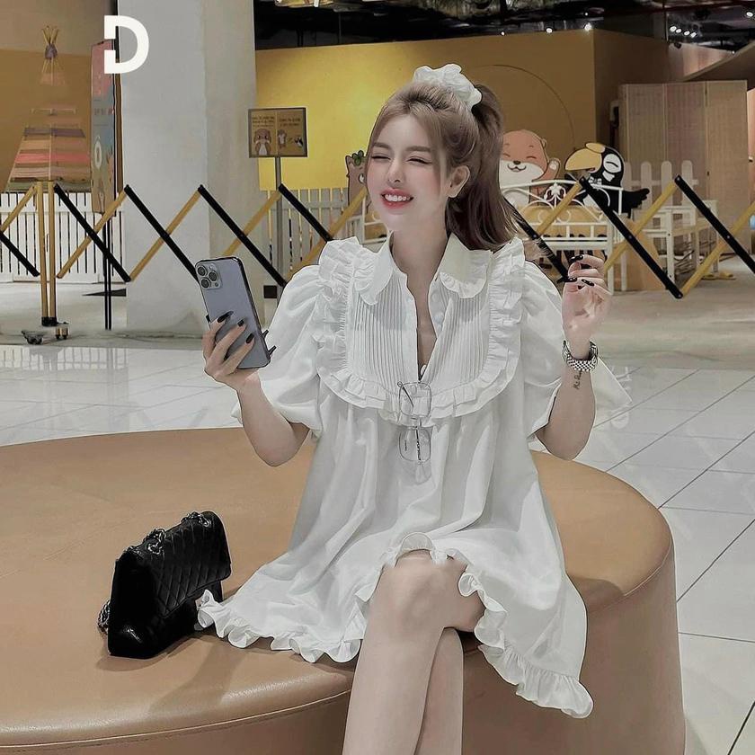 M228 Đầm babydoll nhún phối bèo cổ tiểu thư ( tặng kèm quần )
