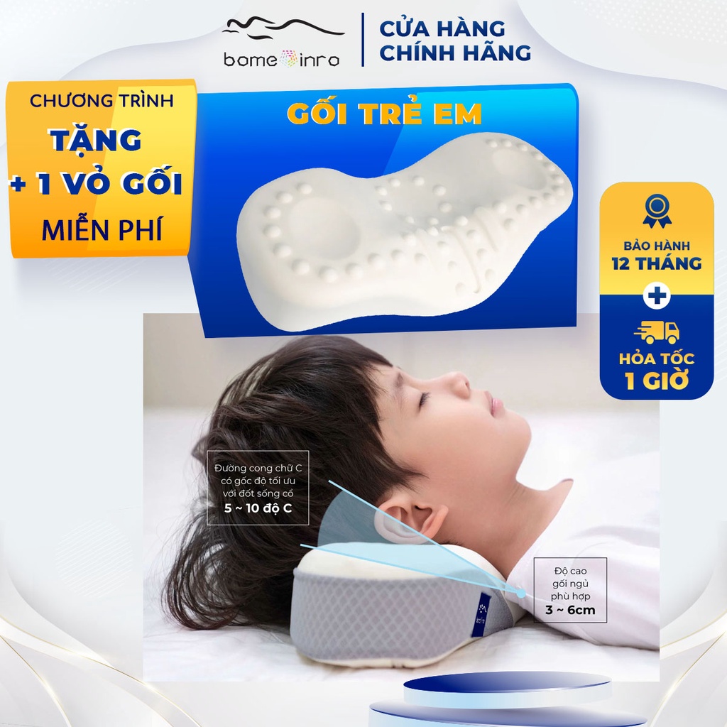 Gối Ngủ Trẻ Em Công Thái Học, Thiết Kế Thông Minh, Giảm Mỏi Cổ Vai Gáy, Chống Gáy, Cao Su Non BOMEINRO