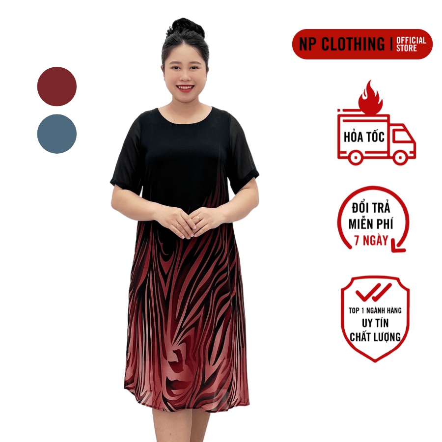 Đầm Trung Niên D394, Mẫu Đầm Voan Họa Tiết Cho Mẹ Cổ Tròn Form Rộng Ngắn Tay Trang Nhã Thời Trang Trung Niên U40+