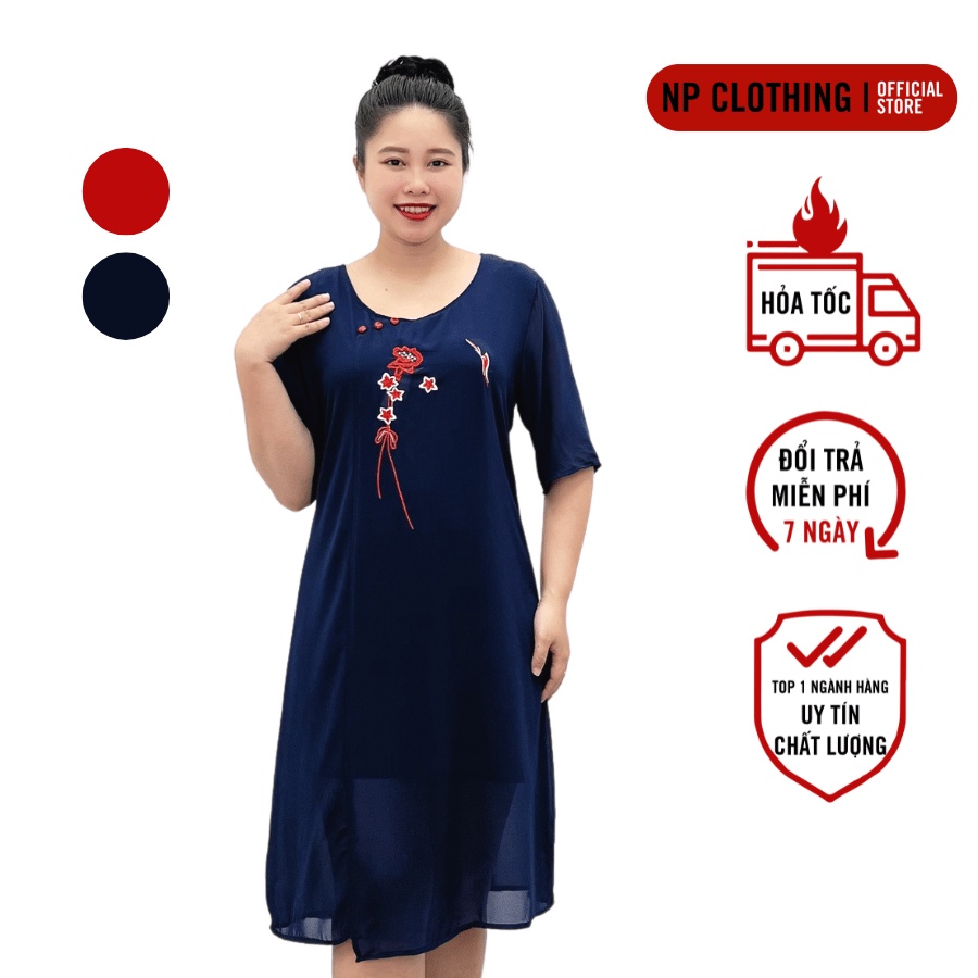 Đầm Trung Niên D523, Mẫu Váy Suông Bigsize Thêu Hoa Cho Mẹ Ngắn Tay Cổ Tròn Chất Lụa Sang Trọng | Thời Trang NP Clothing