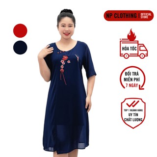 Đầm Trung Niên D523, Váy Suông Bigsize Thêu Hoa Ngắn Tay Cho Mẹ Sang Trọng | Thời Trang NP CLOTHING