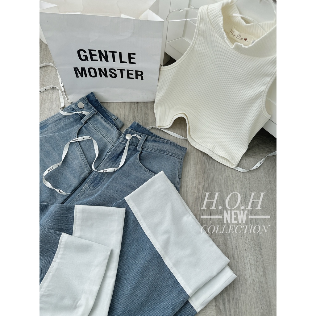 SET ÁO GÂN CỔ LỌ SÁT NÁCH TRẮNG + QUẦN SUÔNG JEAN SẮN GẤU (TH)