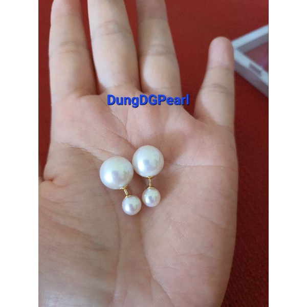 Bông tai vàn 18kk đủ tuổi Au750 trai tròn đều Super Edison 11,5-12ly, viên nhỏ trai thật 6,5-7ly