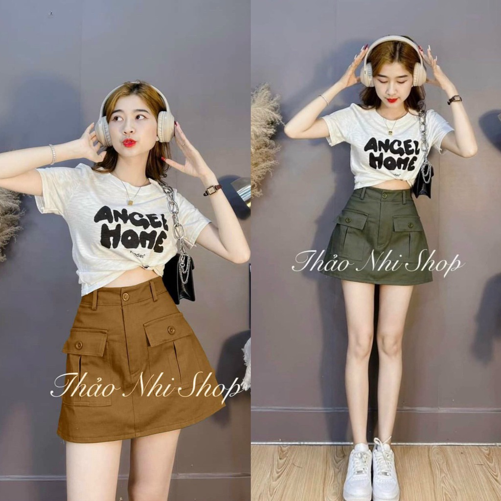 Set váy nữ áo thun thêu chữ phối chân váy chữ A đáng yêu dành cho các tình yêu đi chơi, đi dạo phố