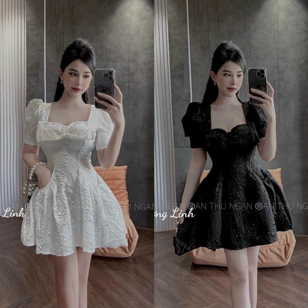 Đầm gấm tiểu thư ống tay phồng kết nơ ngực cực kì sang chảnh với 2 tone màu đơn sắc, dành cho các nàng dự tiệc