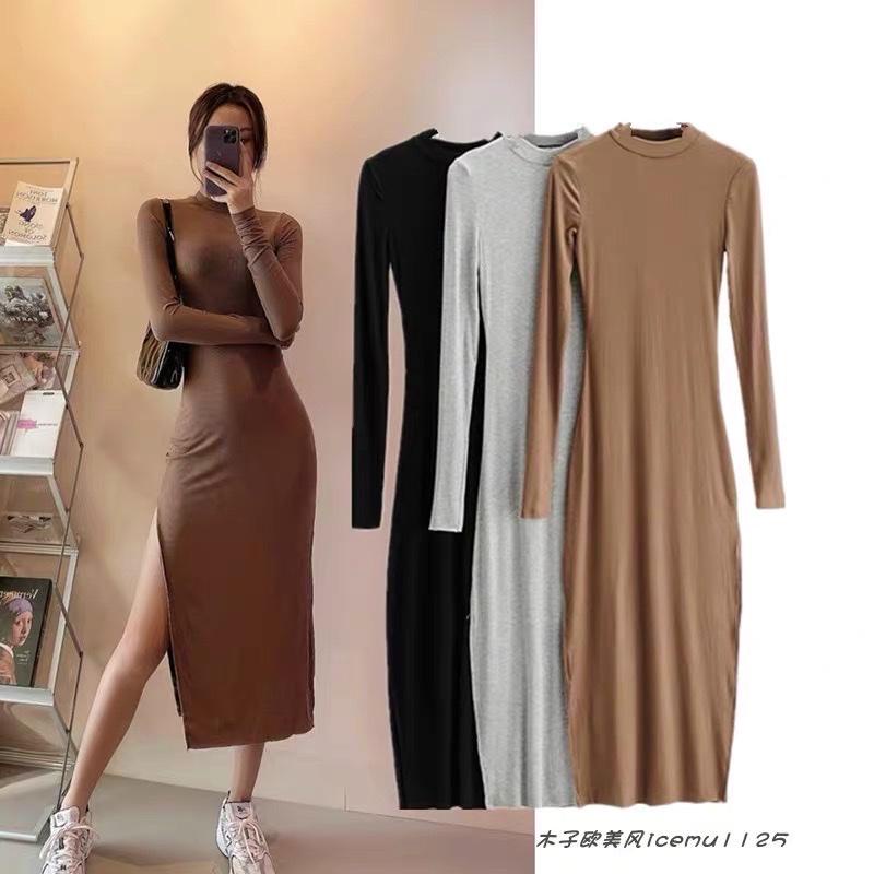 Đầm Body Tay Dài Xỏ Ngón Xẻ Tà Gợi Cảm Chất Thun Cực Thoải Mái Freesize -D34