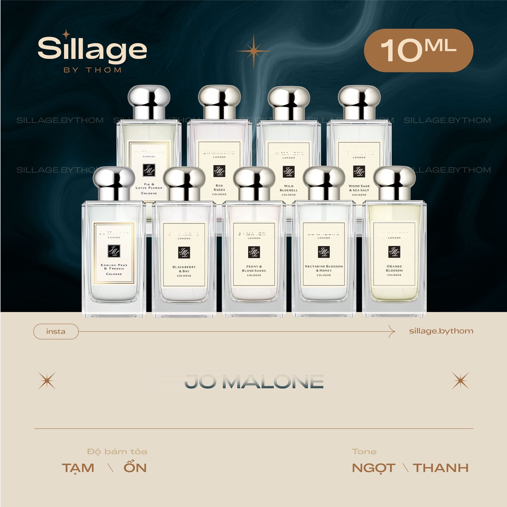 Mẫu thử nước hoa các mùi JO MALONE NECTARINE,PEONY,WOOD SAGE,ENGLISH PEAR,ORANGE,BLUEBELL, BLACKBERRY