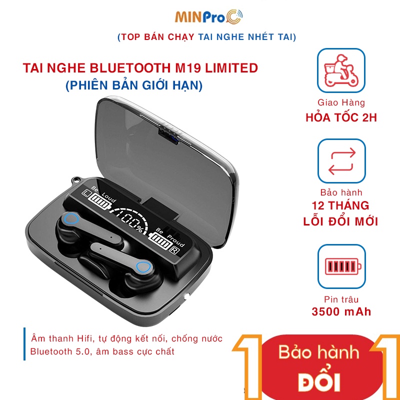 Tai nghe Bluetooth không dây MINPRO M19 -  Hỗ Trợ Đàm Thoại, Chống Nước, Có Đèn Pin , Chính Hãng - Bảo hành 1 đổi 1