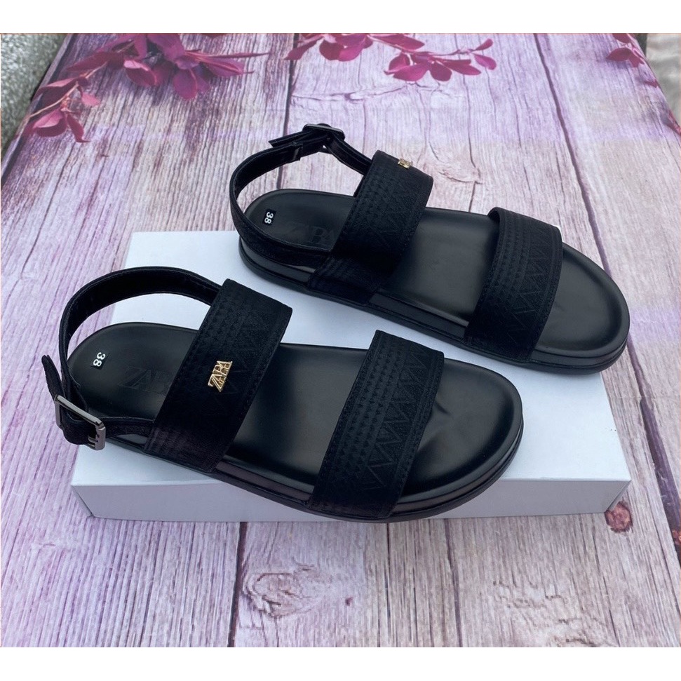 Dép sandal nam da bò cao cấp quai ngang đế cao su non màu đen