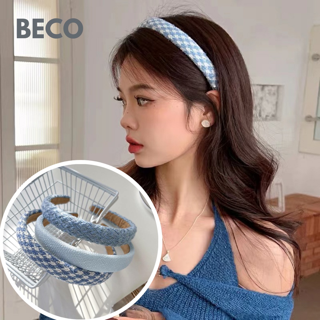 Băng đô cài tóc phối dạ tweed phong các Hàn Quốc màu xanh dương nhẹ nhàng, dễ phương