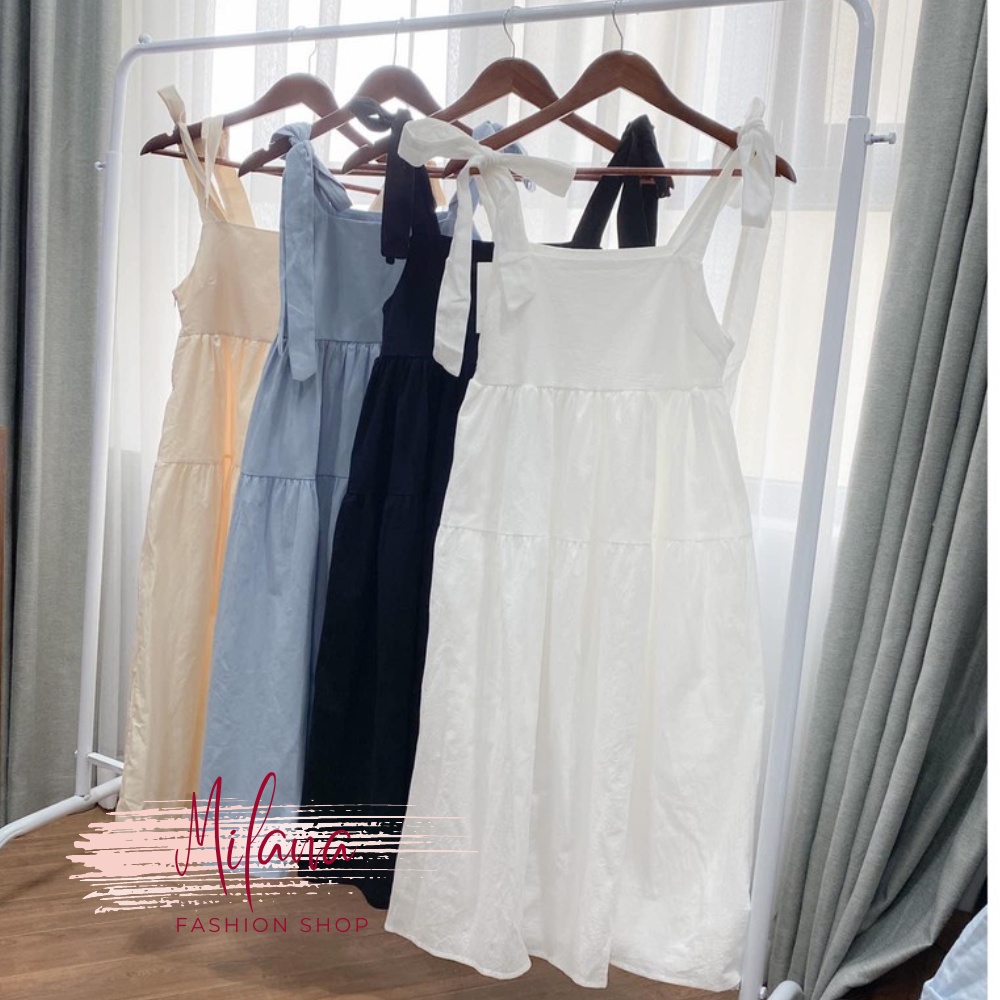 Đầm hai dây, đầm 2 dây buộc nơ Hàn Quốc kiểu dáng xoè đơn giản mặc đi du lịch hoặc đi dạo phố siêu duyên dáng siêu đẹp