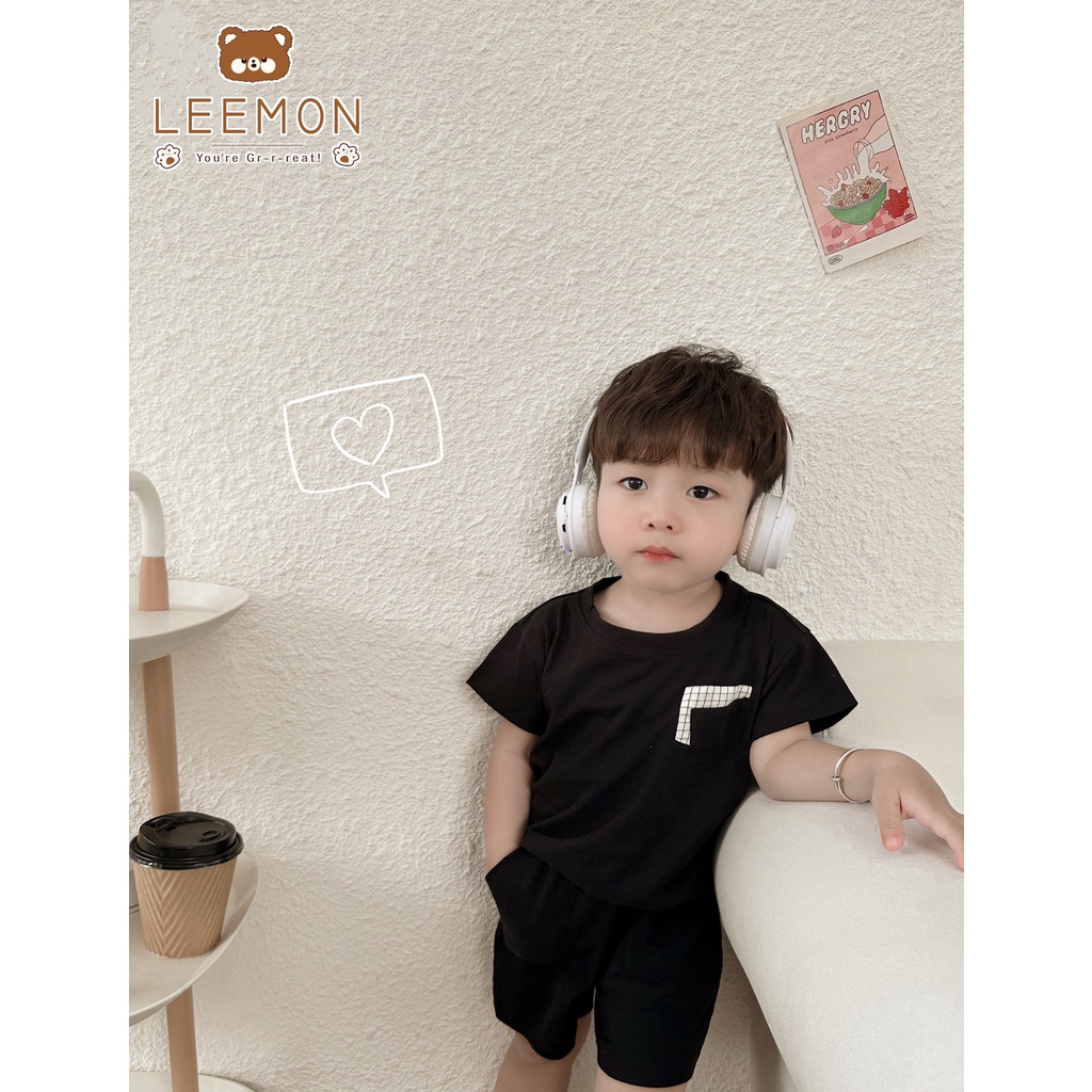 Bộ cotton cộc trơn phối túi kẻ Leemon cho bé trai