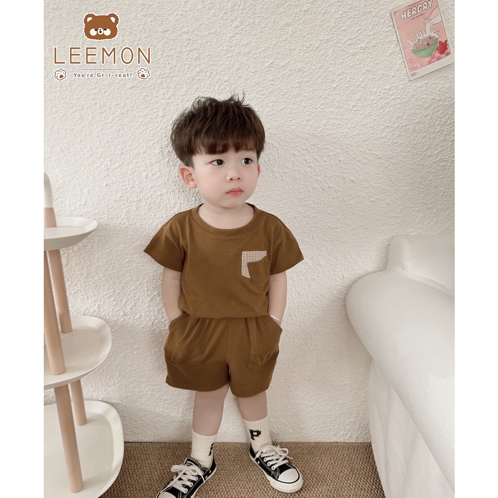 Bộ cotton cộc trơn phối túi kẻ Leemon cho bé trai
