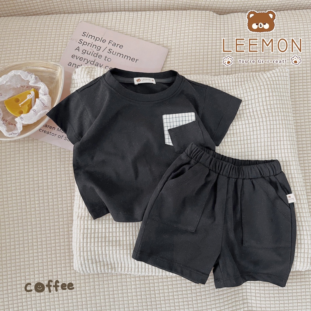 Bộ cotton cộc trơn phối túi kẻ Leemon cho bé trai