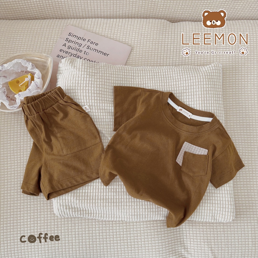 Bộ cotton cộc trơn phối túi kẻ Leemon cho bé trai