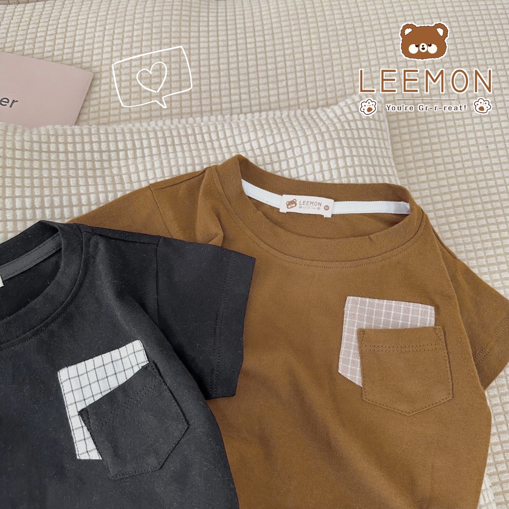 Bộ cotton cộc trơn phối túi kẻ Leemon cho bé trai
