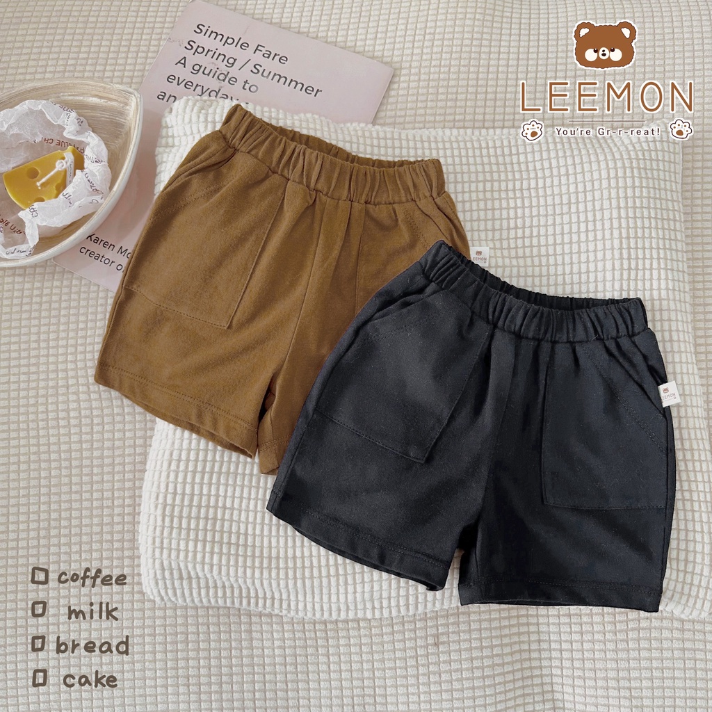 Bộ cotton cộc trơn phối túi kẻ Leemon cho bé trai