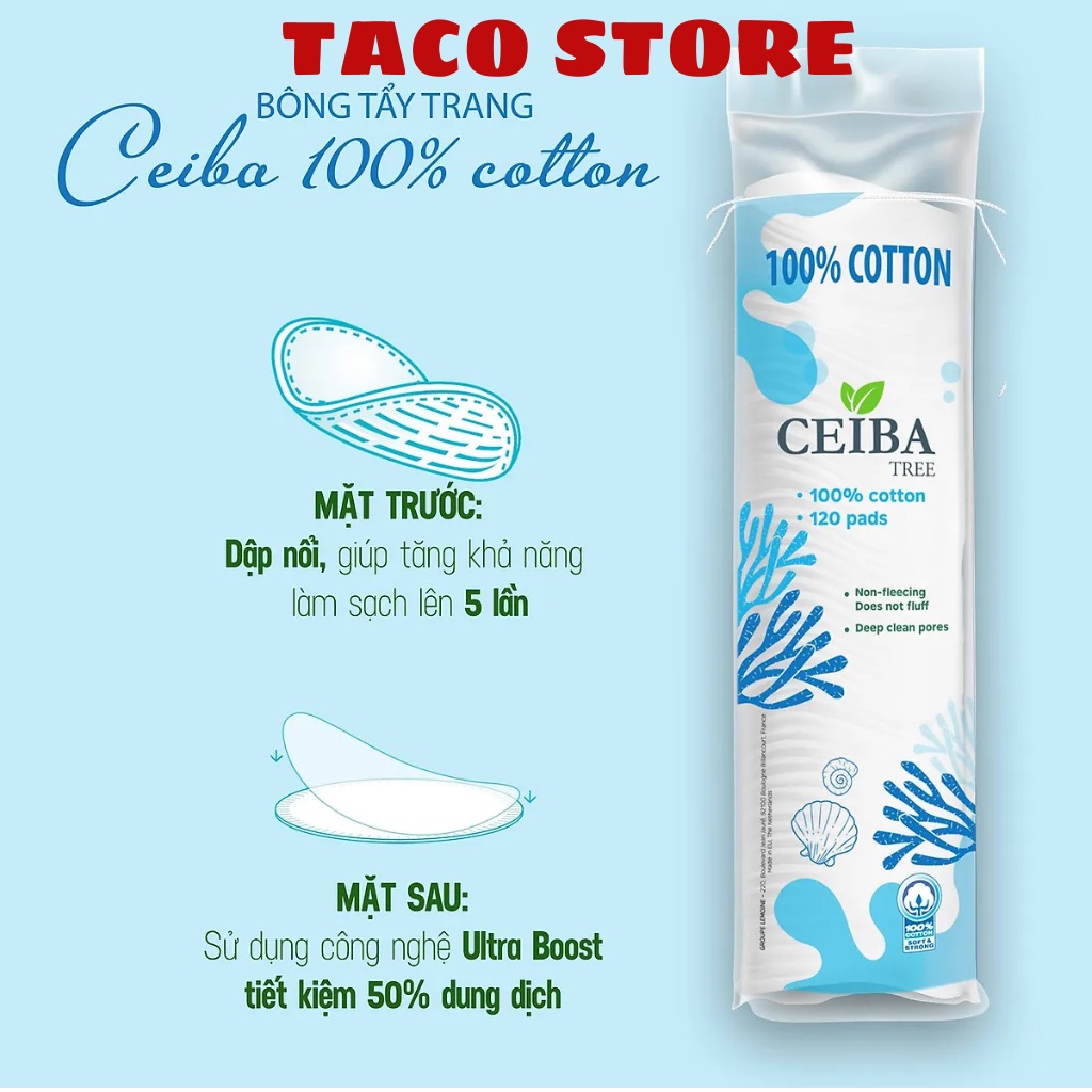 Bông tẩy trang Ceiba 100% Cotton - Tiết kiệm dung dịch, không để lại xơ bông trên da