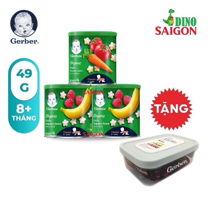Combo 3 Hộp Bánh Ăn Dặm Gerber Organic Puffs 49g gồm vị Phúc bồn tử Chuối và vị Cà rốt Cà chua