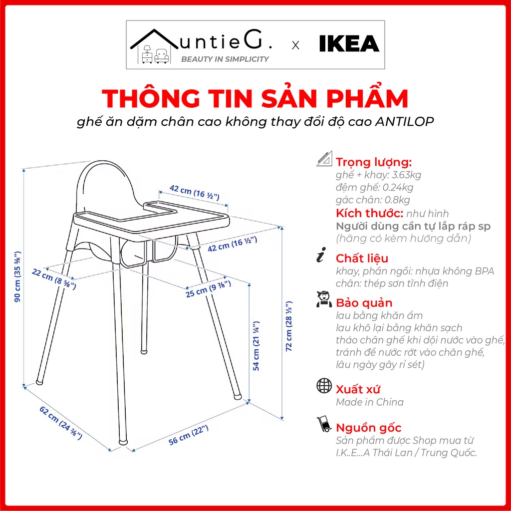 Ghế ăn dặm Antilop🔺𝐹𝑅𝐸𝐸𝑆𝐻𝐼𝑃🔺 IKEA  loại chân cao cho trẻ từ 6 tháng đến 15kg