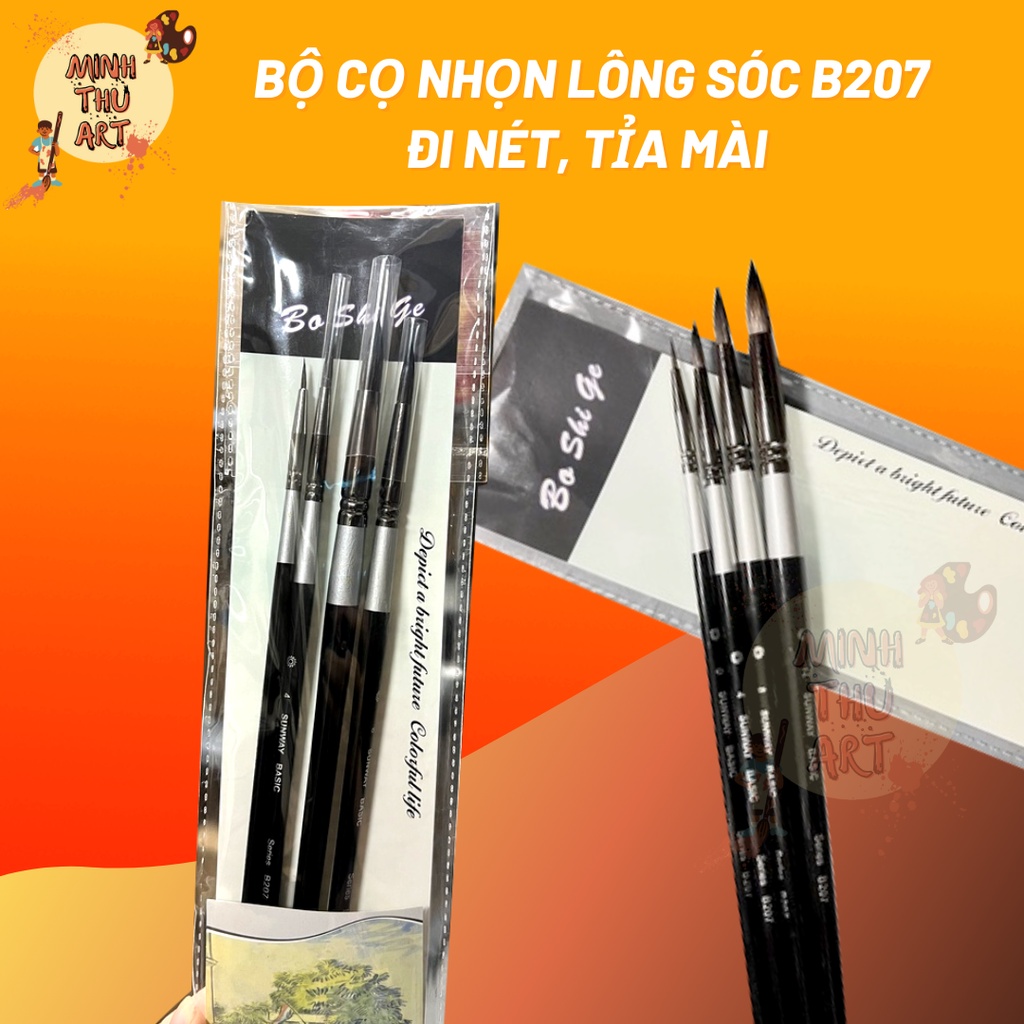 Bộ Cọ Nhọn Lông Sóc Sunway B207 ,đi nét ,tỉa vẽ mài nước , sơn dầu, acrylic, (Cọ lẻ)- Bộ 4 cọ