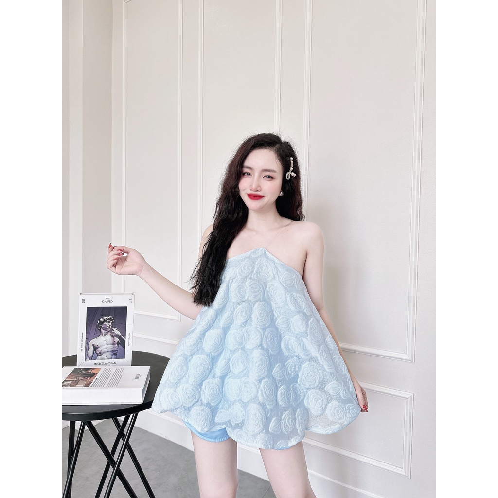 [4.4 Sale Freeship] Set bộ đùi gấm tiểu thư 2 dây, set áo babydoll gấm hoa nổi cổ áo yếm xòe bồng quyến rũ mtb