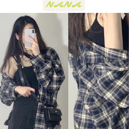 Áo sơ mi kẻ 1 túi, sơ mi nữ thiết kế cổ đức dáng đuôi cá nhẹ freesize tay áo bồng style Hàn Quốc nanastore