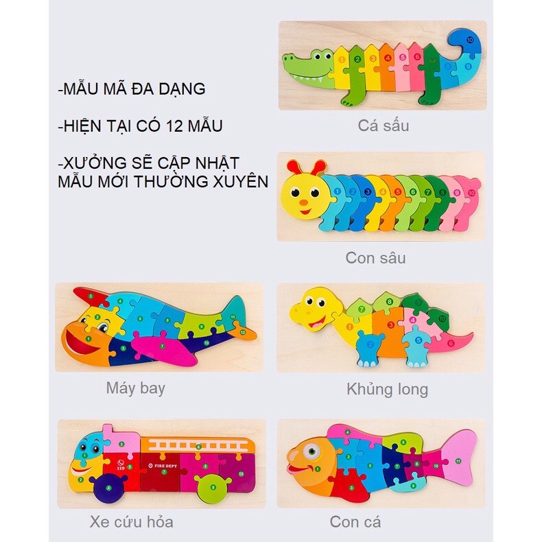 Tranh ghép nối số bằng gỗ dập nổi 3D từ 1-10 nhiều chủ đề giúp bé phát triển tư duy và vận động tinh