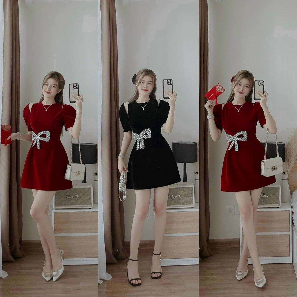 Đầm Váy Nữ Chất Vải Nhung Dáng Xòe Ngắn Khoét Vai Đính Nơ Kim Sa Tiểu Thư Sang Chảnh