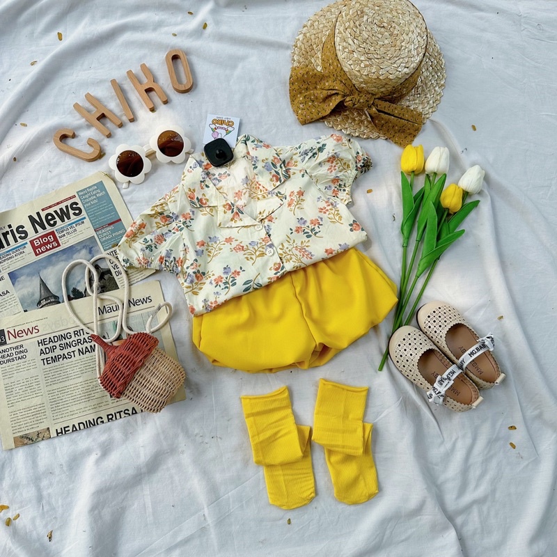 Bộ đồ bé gái mùa hè chất mềm mát set áo sơ mi hoa nhí tay phồng kèm quần short bồng đáng yêu thời trang size 1-7 tuổi