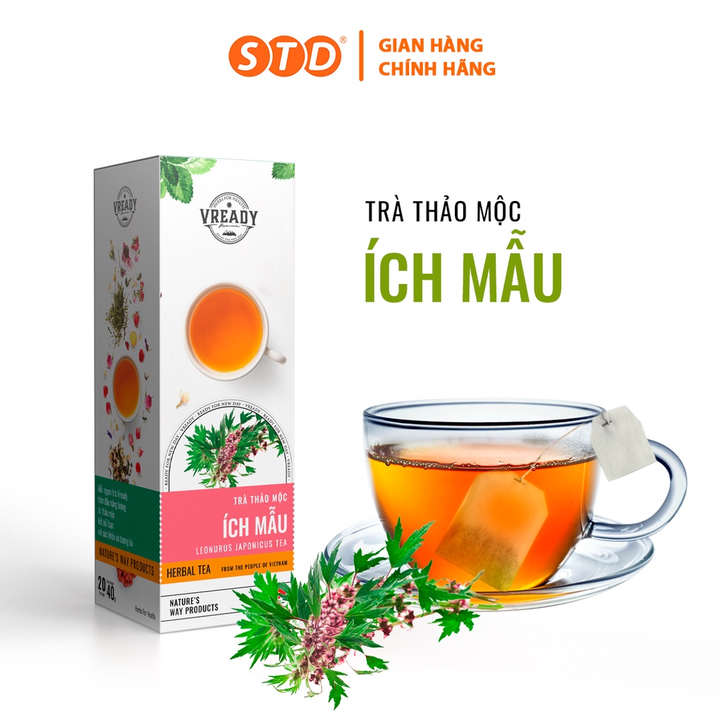 Trà Thảo Mộc Ích Mẫu VREADY, Dạng Túi Lọc Giúp Điều Hòa Kinh Nguyệt, Giảm Đau Bụng Kinh, Cân Bằng Nội Tiết Tố, hộp 40g