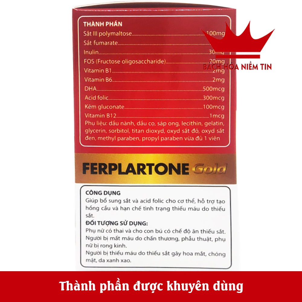 Viên Bổ máu Ferplartone Gold - bổ sung Sắt hữu cơ, Acid Folic, giảm tình trạng thiếu máu, thiếu sắt