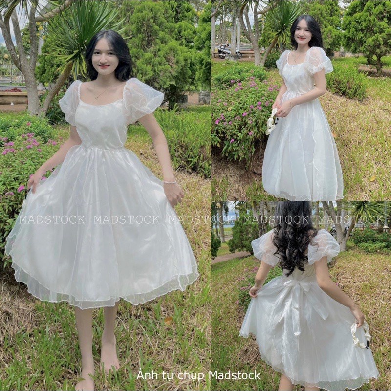 Đầm công chúa voan tơ 2 lớp cổ vuông tay bồng thắt nơ sau-váy babydoll tiểu thư dự tiệc sang chảnh kiểu dáng Hàn Quốc