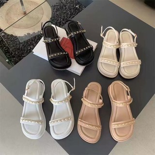 Giày sandal đế xuồng ryciphil quai ngang phối xích da mềm đế nhẹ cao 7p vnxk