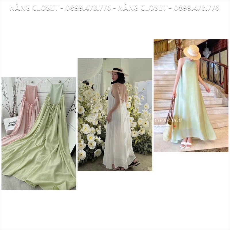 Đầm maxi 2 dây cổ yếm hở bèo lưng màu hồng/trắng/xanh lá đi biền NÀNG CLOSET