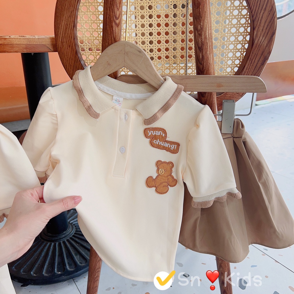 Set Áo váy cho bé gái Gấu thêu Nâu, Váy diện hè bé gái dễ thương 8 -28kg VBG10