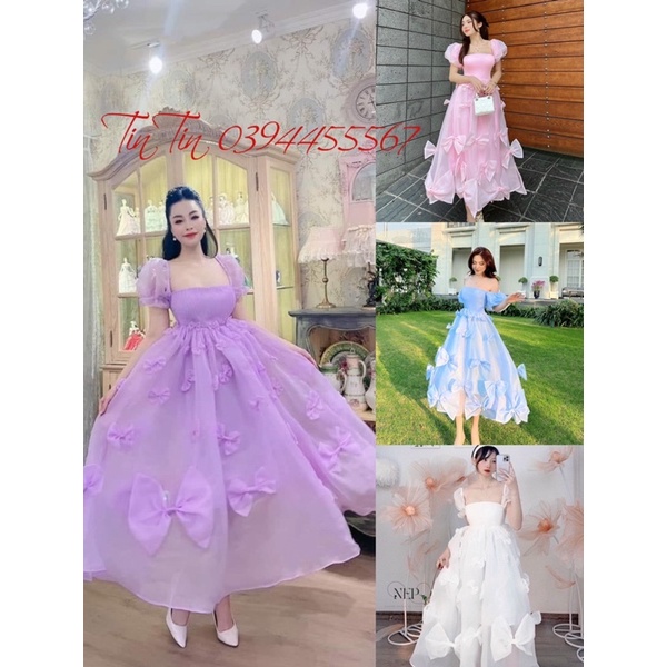 Đầm maxi đi biển đi tiệc voan tơ kiếng tay phồng kết siêu nơ siêu xinh cho các nàng thơ công chúa-MaxiTinTin
